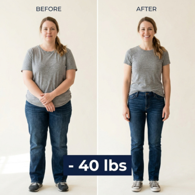 Weight loss transformation result — 40 lbs lost with GLP-1 program similar to WellMedr