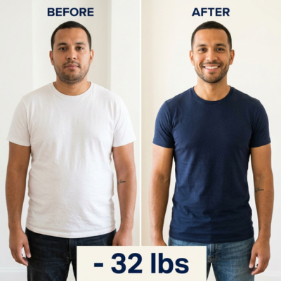 Weight loss transformation result — 36 lbs lost on GLP-1 telehealth program